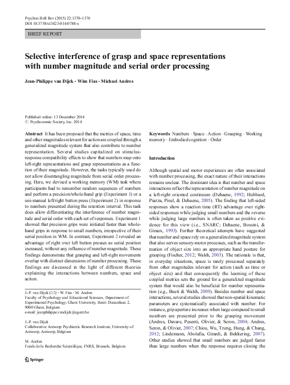 (PDF) Selective interference of grasp and space representations with ...