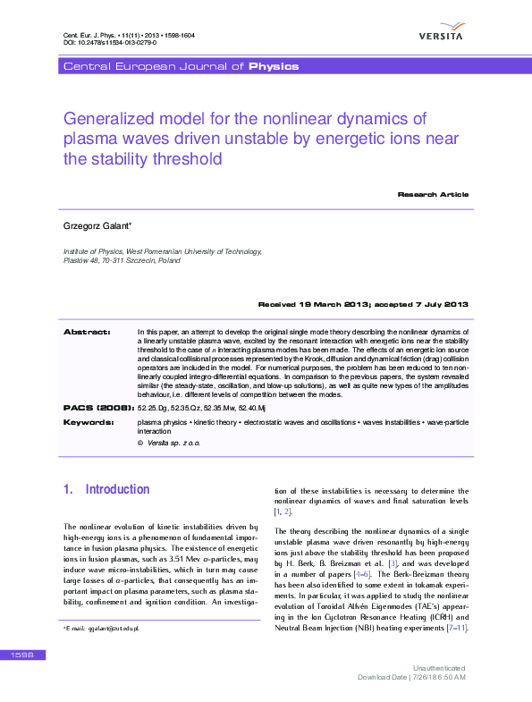 (PDF) Generalized model for the nonlinear dynamics of plasma waves ...