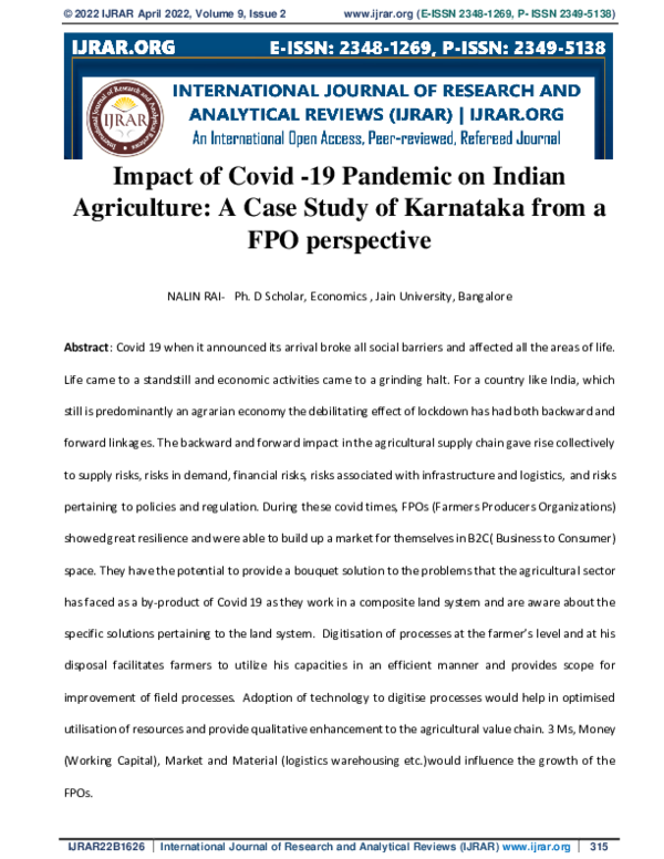(PDF) Impact of Covid -19 Pandemic on Indian Agriculture: A Case Study ...