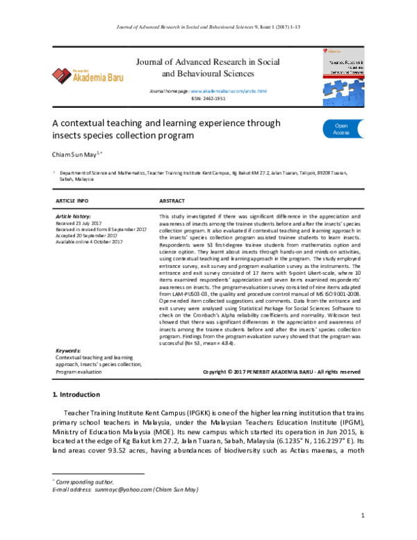 (PDF) A contextual teaching and learning experience through insects ...