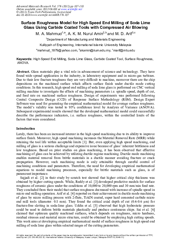 (PDF) Surface Roughness Model for High Speed End Milling of Soda Lime ...