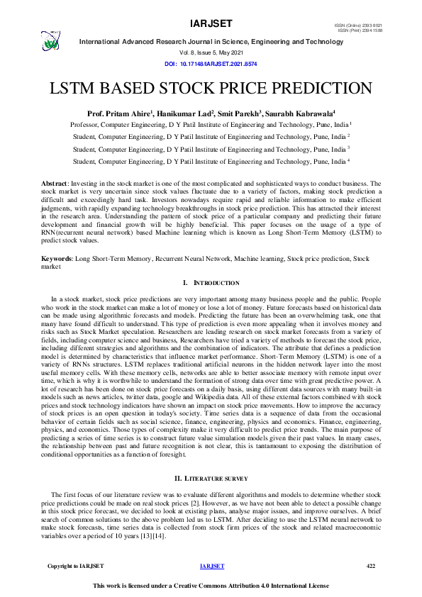 (PDF) LSTM BASED STOCK PRICE PREDICTION