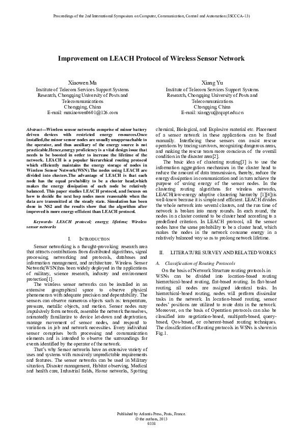 (PDF) Improvement on LEACH Protocol of Wireless Sensor Network