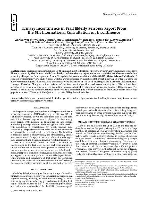 (PDF) Urinary incontinence in frail elderly persons: Report from the ...