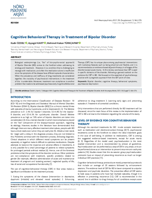 (PDF) Cognitive Behavioral Therapy in Treatment of Bipolar Disorder