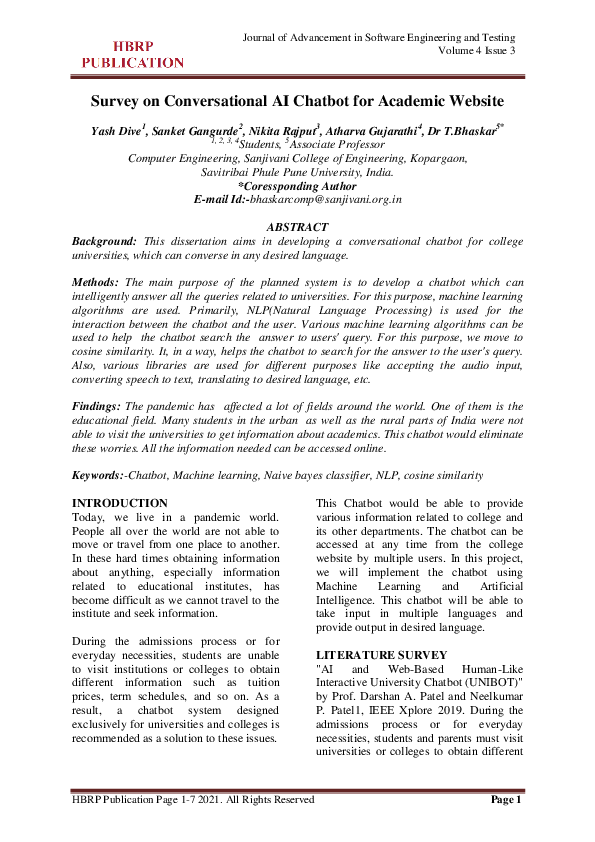 (PDF) Survey on Conversational AI Chatbot for Academic Website