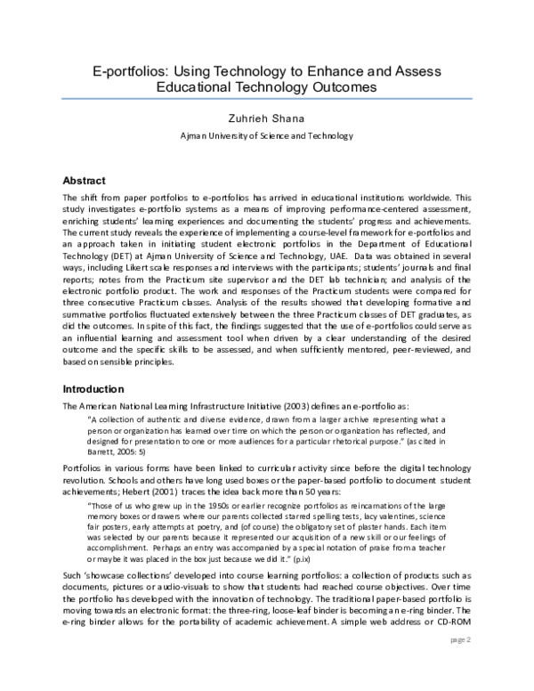 (PDF) E-portfolios: Using Technology to Enhance and Assess Educational ...