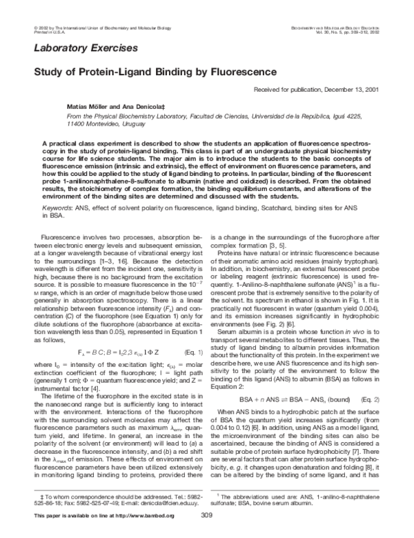(PDF) Study of protein-ligand binding by fluorescence