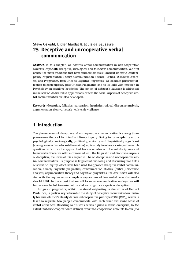(PDF) Studying deceptive and uncooperative verbal communication 2 . 1 ...
