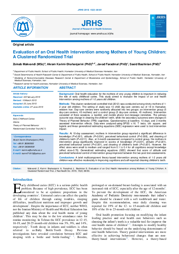 (PDF) Evaluation of an oral health intervention among mothers of young ...