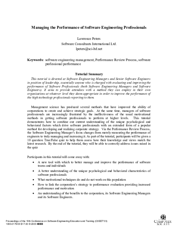 (PDF) Managing the performance of software engineering professionals