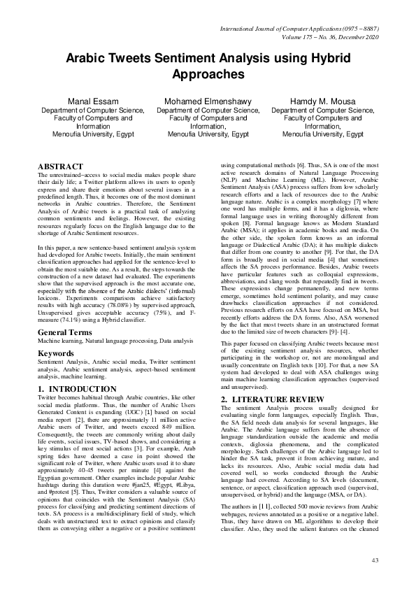 (PDF) Arabic Tweets Sentiment Analysis using Hybrid Approaches