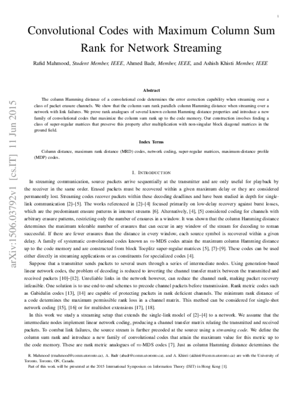 (PDF) Convolutional Codes with Maximum Column Sum Rank for Network ...