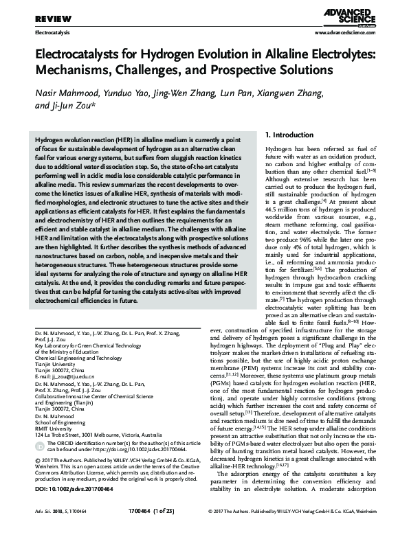 (PDF) Electrocatalysts for Hydrogen Evolution in Alkaline Electrolytes ...
