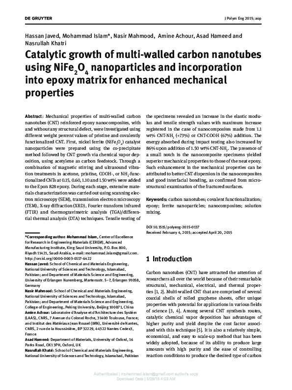 (PDF) Catalytic growth of multi-walled carbon nanotubes using NiFe2O4 ...