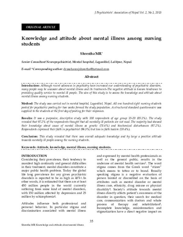 (PDF) Knowledge and attitude about mental illness among nursing students