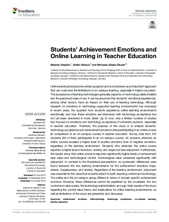 (PDF) Students' Achievement Emotions and Online Learning in Teacher ...