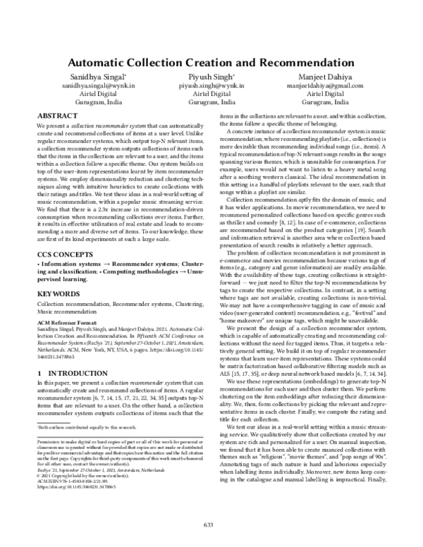 (PDF) Automatic Collection Creation and Recommendation