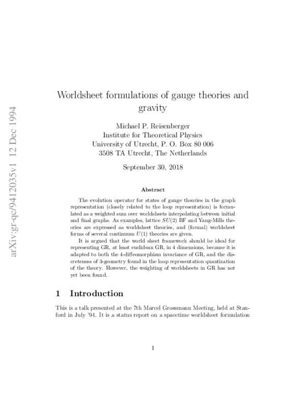 (PDF) Worldsheet formulations of gauge theories and gravity