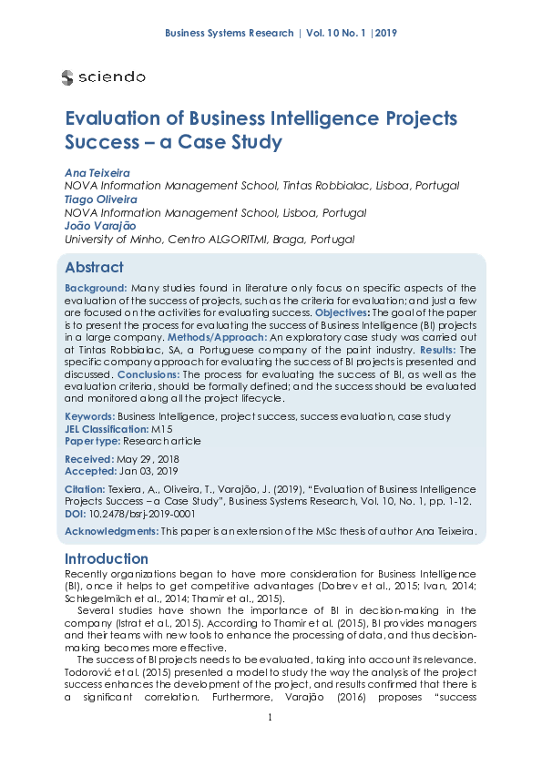 (PDF) Evaluation of Business Intelligence Projects Success – a Case Study