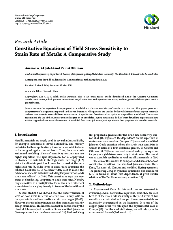 (PDF) Constitutive Equations of Yield Stress Sensitivity to Strain Rate ...
