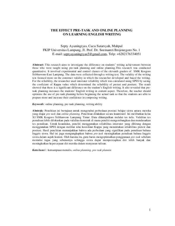 (PDF) The Effect Pre-Task and Online Planning on Learning English Writing