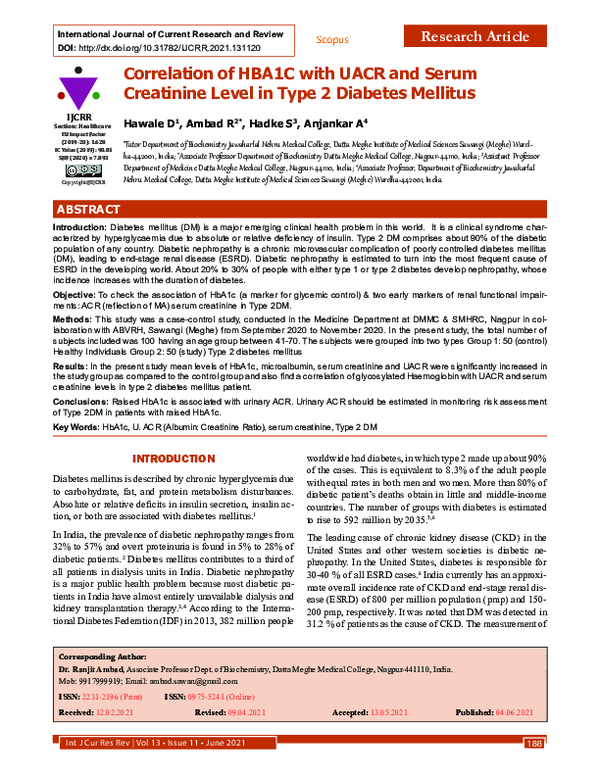 (PDF) Correlation of HBA1C with UACR and Serum Creatinine Level in Type ...