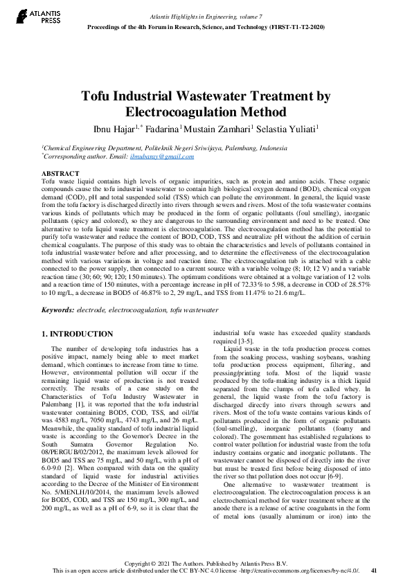 (PDF) Tofu Industrial Wastewater Treatment by Electrocoagulation Method