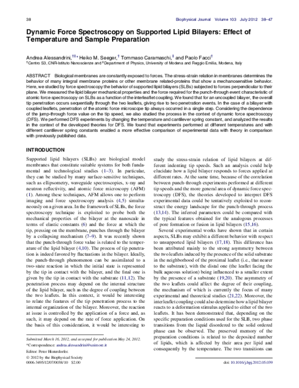 (PDF) Dynamic Force Spectroscopy on Supported Lipid Bilayers: Effect of ...