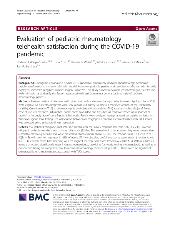 (PDF) Evaluation of pediatric rheumatology telehealth satisfaction ...