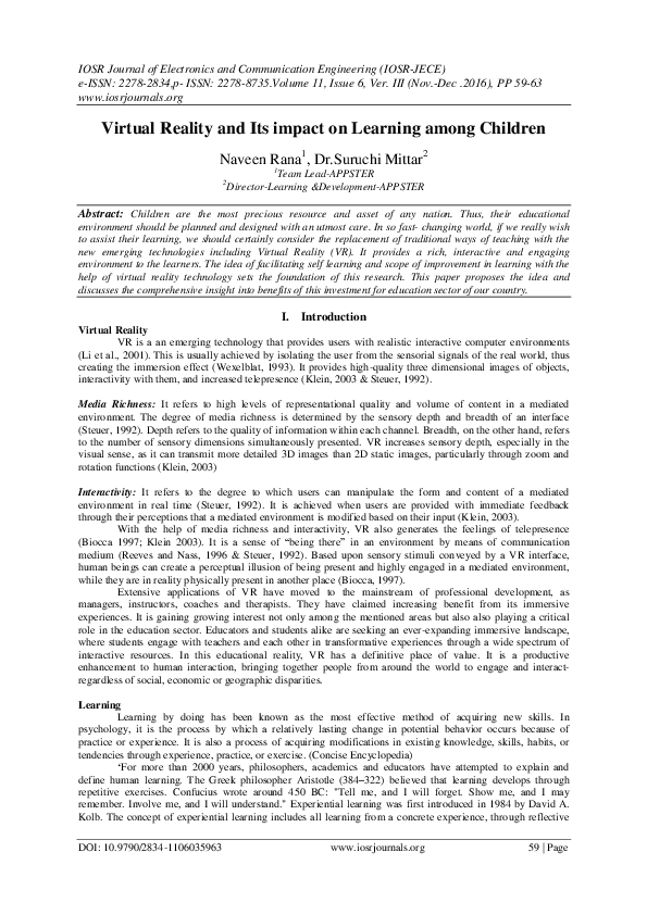 (PDF) Virtual Reality and Its impact on Learning among Children