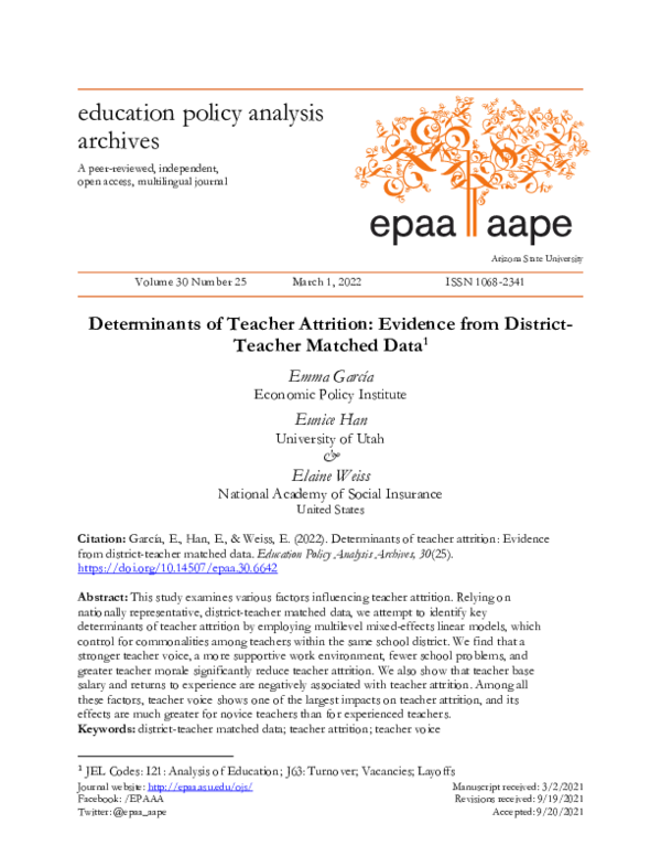 (PDF) Determinants of teacher attrition: Evidence from district-teacher ...