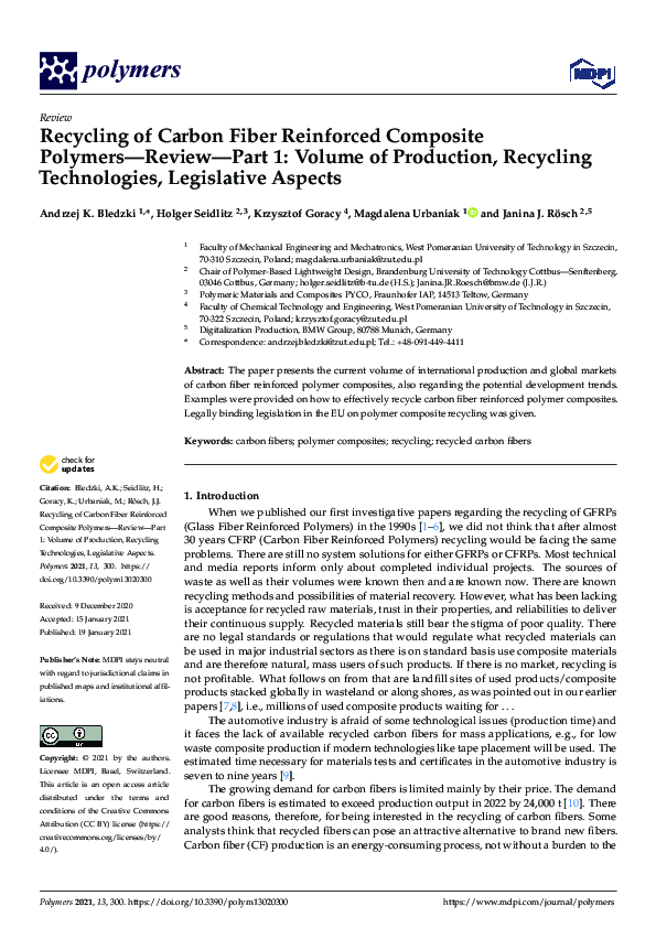 (PDF) Recycling of Carbon Fiber Reinforced Composite Polymers—Review ...