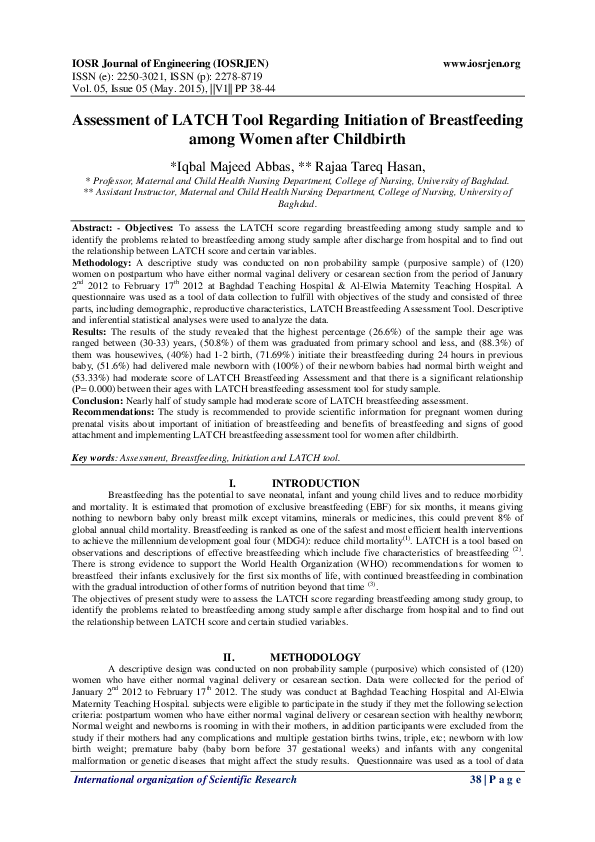(PDF) Assessment of LATCH Tool Regarding Initiation of Breastfeeding among Women after