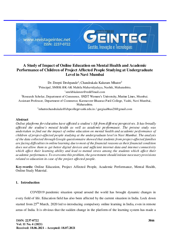 (PDF) A Study of Impact of Online Education on Mental Health and ...