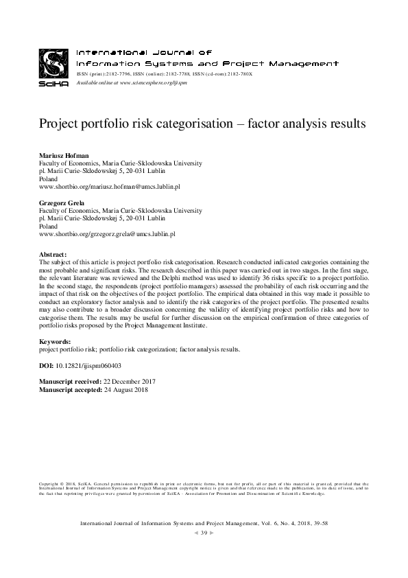 (PDF) Project portfolio risk categorisation – factor analysis results