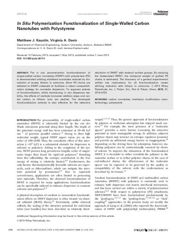 (PDF) In Situ polymerization functionalization of single-walled carbon ...