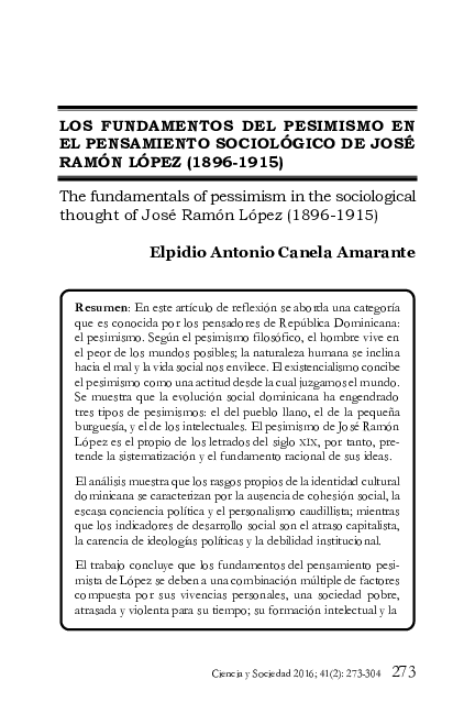 Los fundamentos del pesimismo en el pensamiento sociológico de José Ramón López (1896-1915)