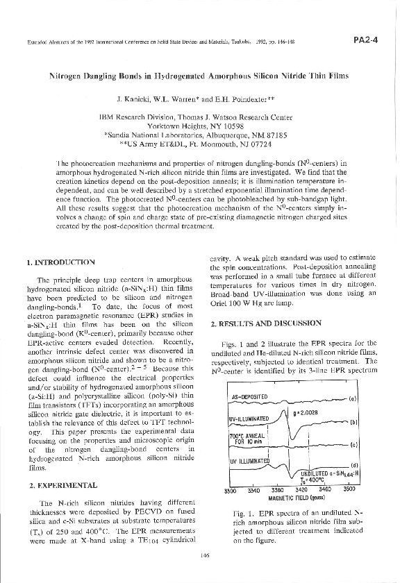 (PDF) Nitrogen Dangling Bonds in Hydrogenated Amorphous Silicon Nitride ...