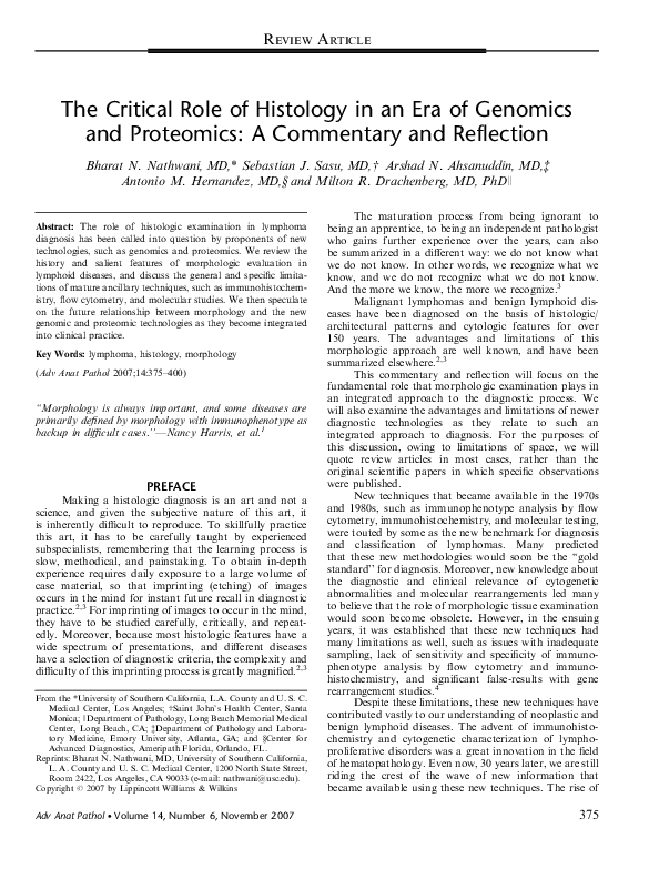 (PDF) The Critical Role of Histology in an Era of Genomics and ...