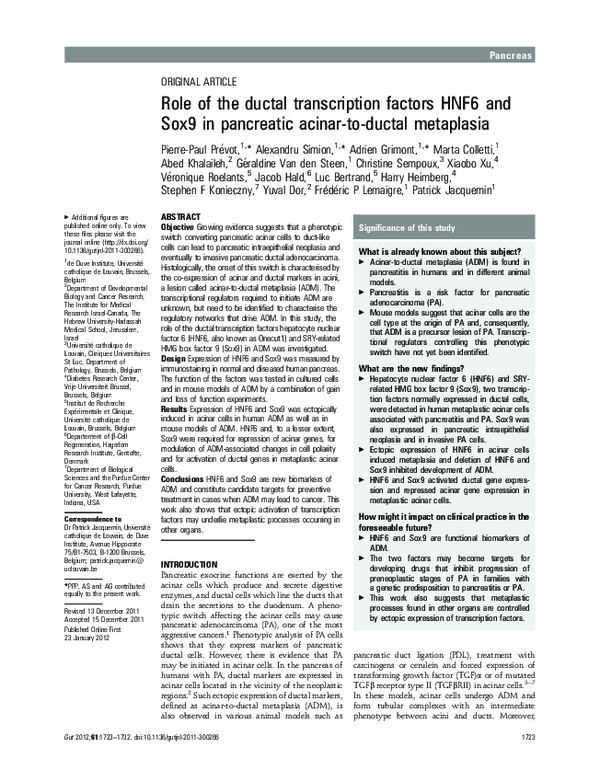 (PDF) Role of the ductal transcription factors HNF6 and Sox9 in ...