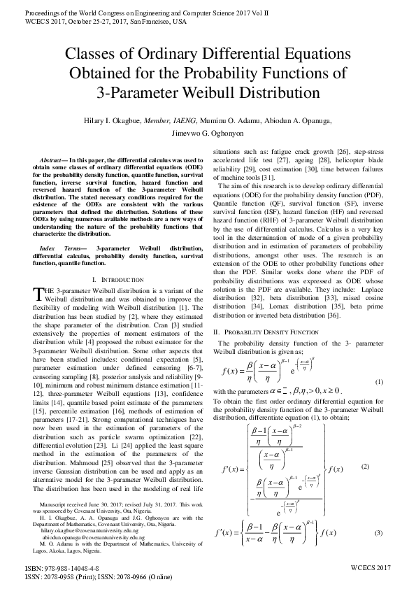 Pdf Classes Of Ordinary Differential Equations Obtained For The
