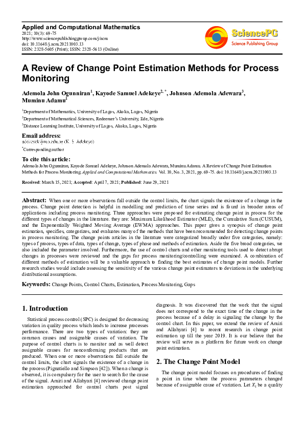 (PDF) A Review of Change Point Estimation Methods for Process Monitoring