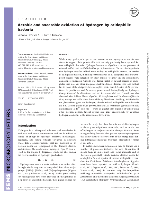 (PDF) Aerobic and anaerobic oxidation of hydrogen by acidophilic bacteria