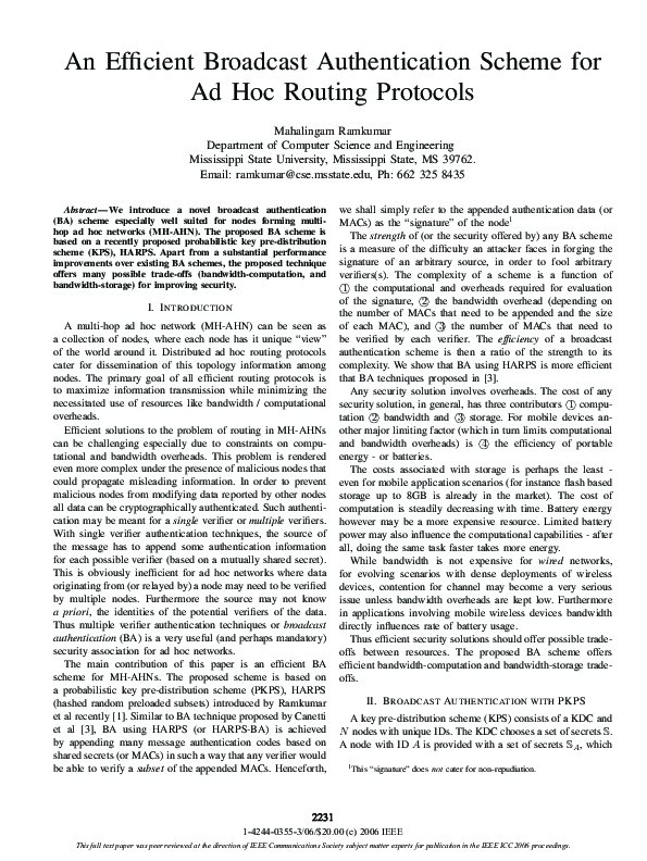 (PDF) An Efficient Broadcast Authentication Scheme for Ad Hoc Routing ...