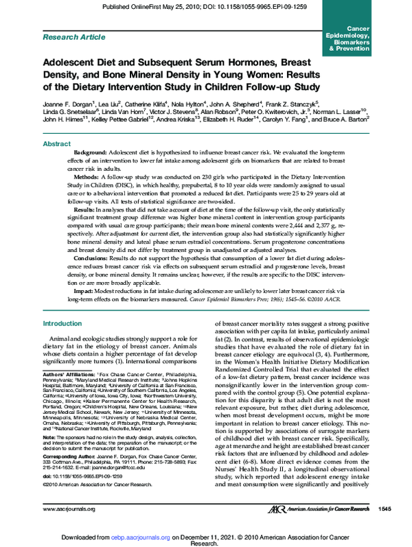 (PDF) Adolescent Diet and Subsequent Serum Hormones, Breast Density ...