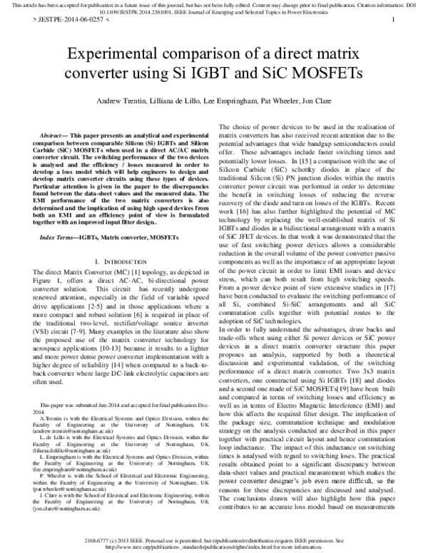 (PDF) Experimental comparison of a direct matrix converter using Si ...
