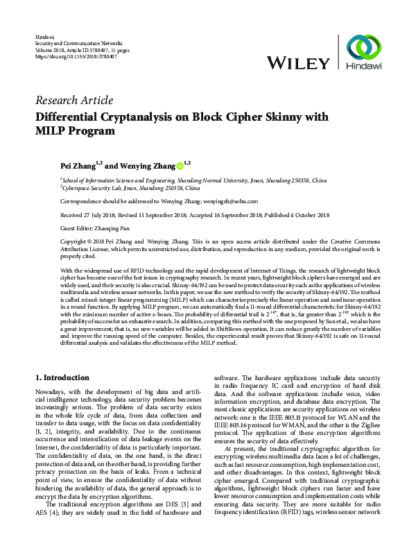 (PDF) Differential Cryptanalysis on Block Cipher Skinny with MILP Program