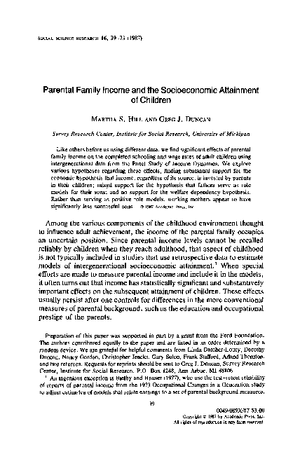 (PDF) Parental family income and the socioeconomic attainment of children