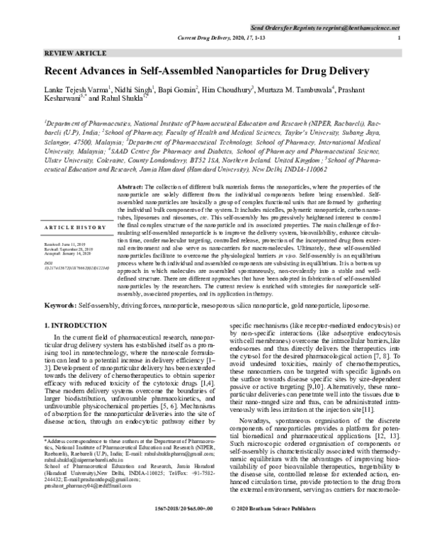 (PDF) Recent Advances in Self-Assembled Nanoparticles for Drug Delivery
